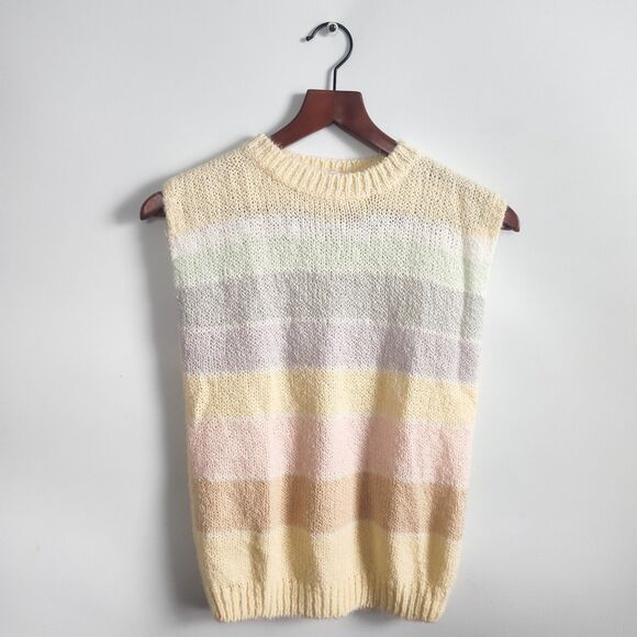 Radishes & Roses Sweater Vest Womens Small 90s Pastel Yellow Pink Colorblock Vtg - Picture 2 of 9
